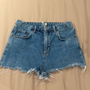 Topshop Blue Jean Shorts High-Waisted Frayed Hem
